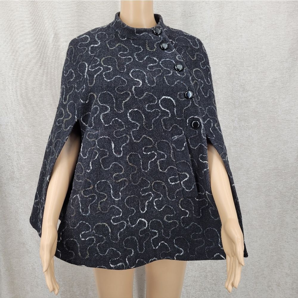 Vintage Wool Blend Charcoal Gray Cape with Button Details Felted Design